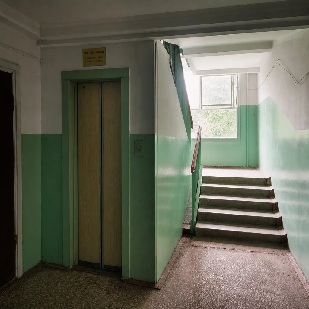 Лифтовый холл в типовой панельной девятиэтажке со старыми дверями лифта