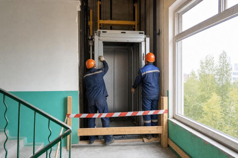 Монтажники устанавливают кабину нового лифта в шахте 9-этажного дома